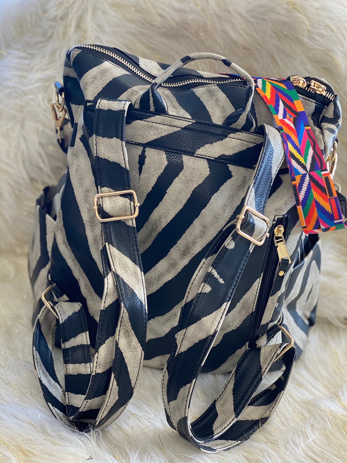 Large Back Pack Purse~ Vintage Distressed Zebra Print