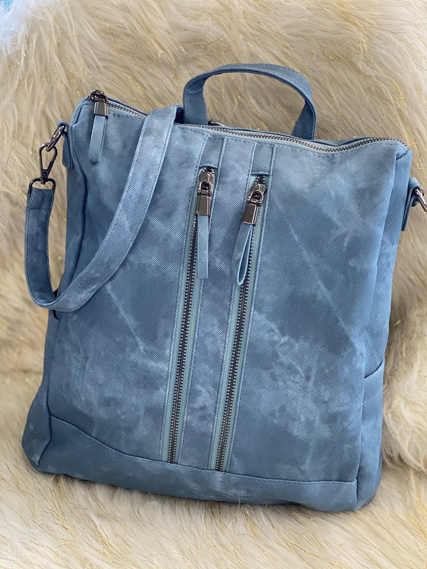 Double front zipper pockets Back Pack Purse~ Blue