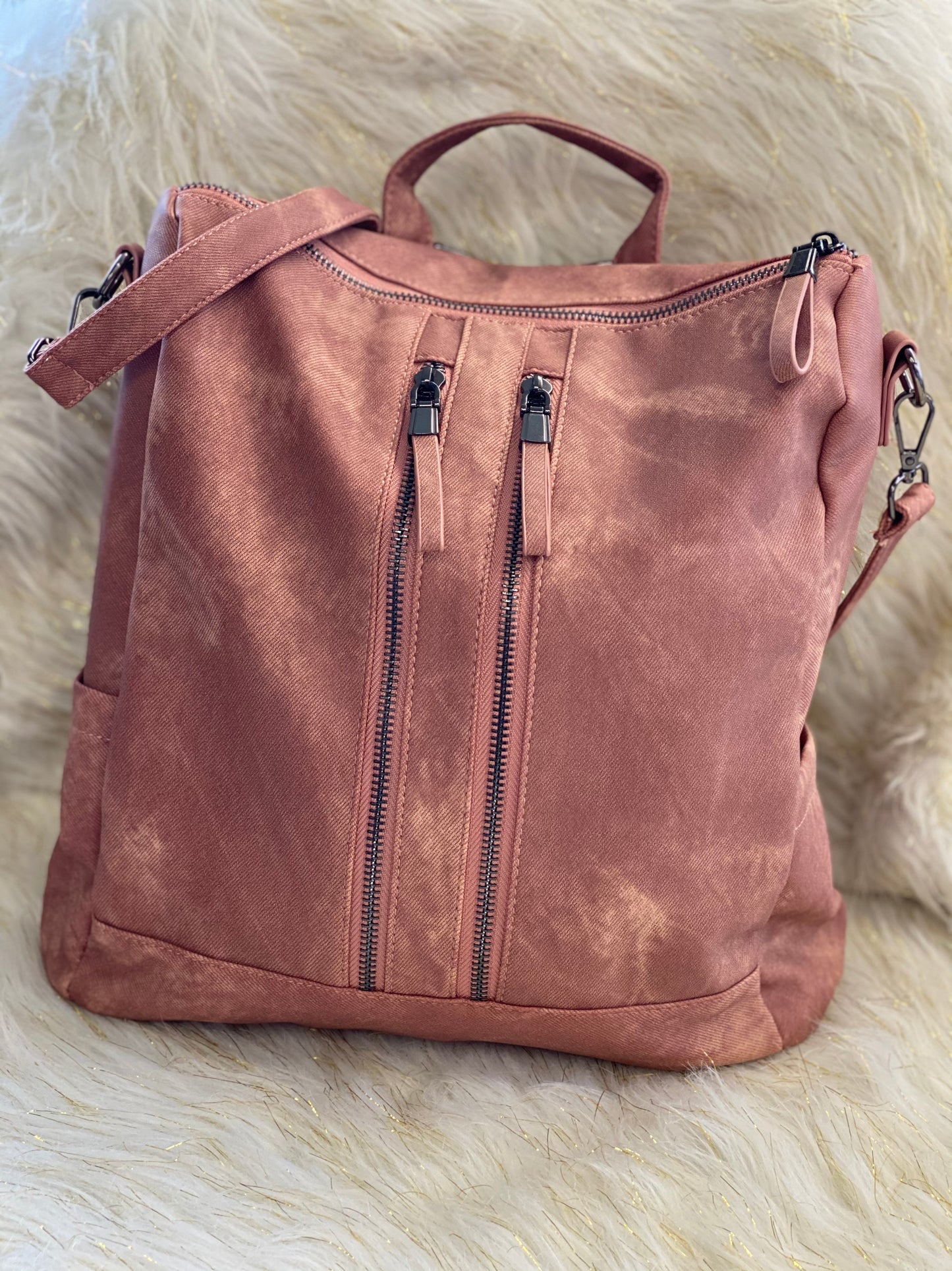 Double front zipper pockets Back Pack Purse~ Blush