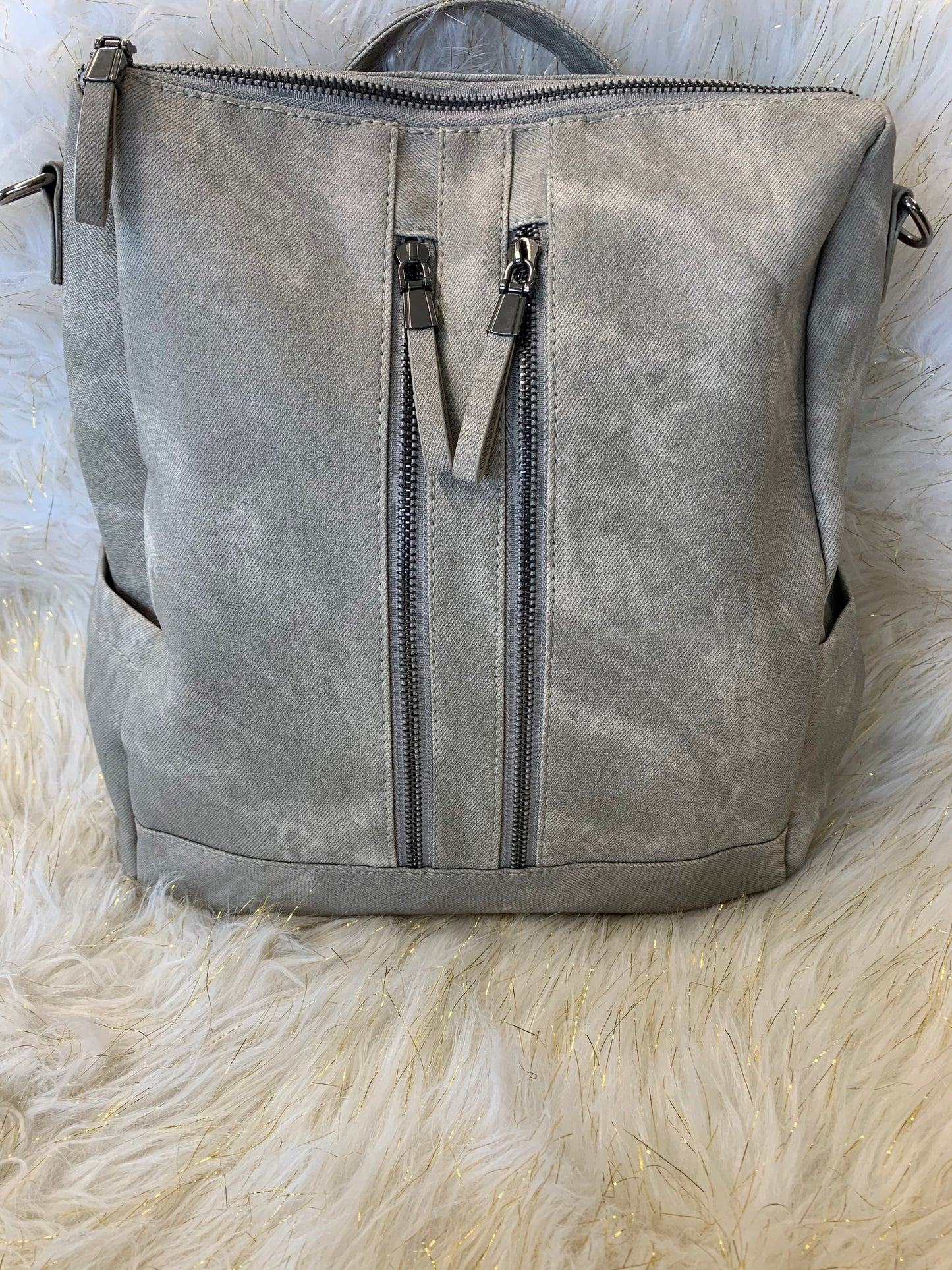 Double front zipper pockets Back Pack Purse~ Grey