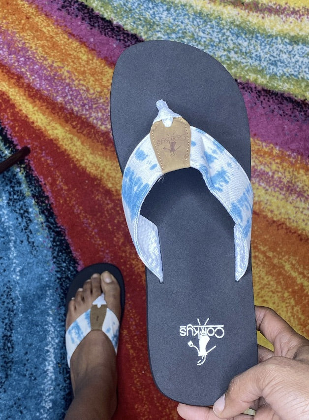 Corkys flip flops blue tie dye